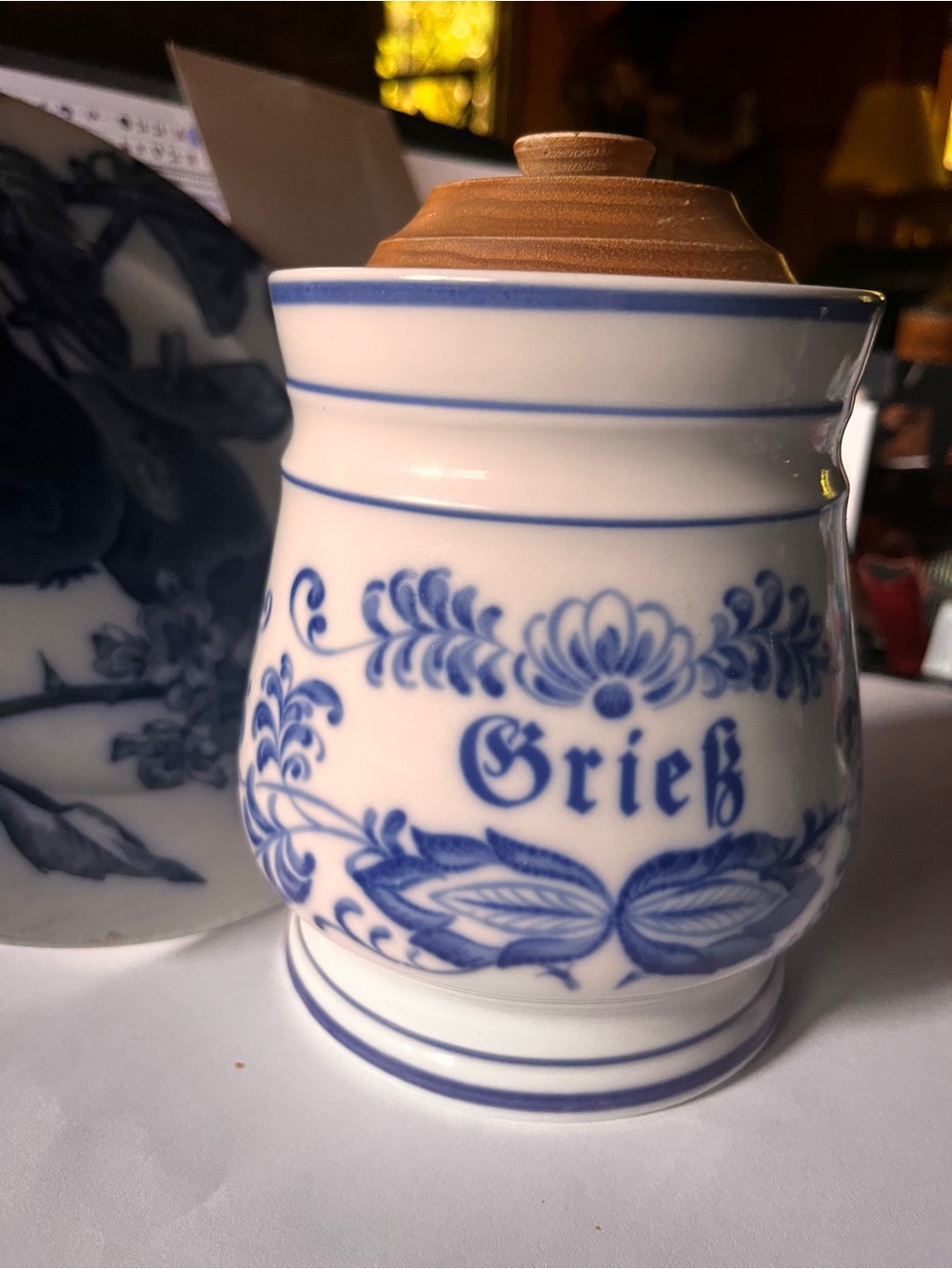 Blue Onion Grieb Flour Canister with Wooden Lid Wallendorf porcelain Jar